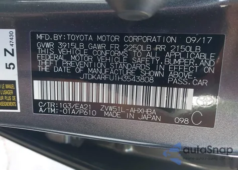 2017 Toyota Prius Three Touring z USA, uszkodzony, nr VIN JTDKARFU1H3543808